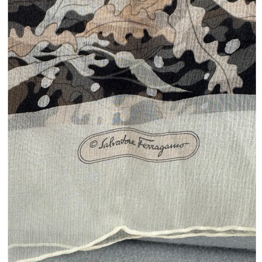 Vintage Salvatore Ferragamo Sheer Chiffon Scarf Stole Black Beige Oak Leaf Italy
